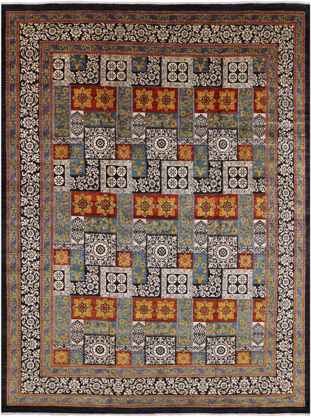 Black William Morris Handmade Wool Area Rug - 12' 2" X 16' 2" - Golden Nile