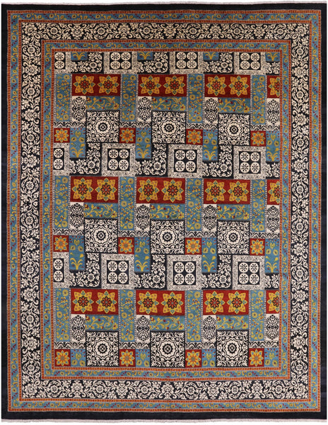 Black William Morris Hand Knotted Wool Area Rug - 12' 2" X 15' 6" - Golden Nile