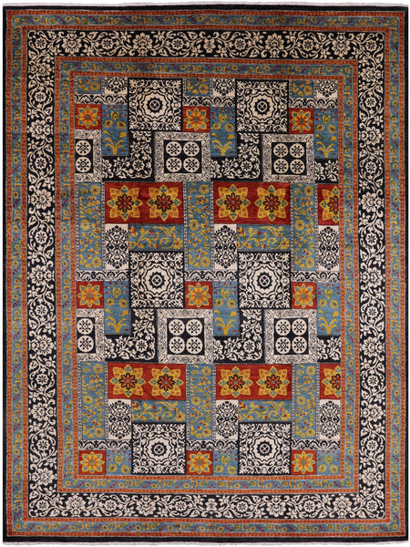 Black William Morris Handmade Wool Area Rug - 9' 2" X 12' 3" - Golden Nile