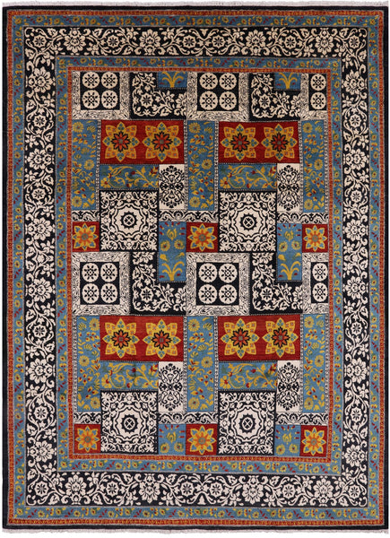 Black William Morris Handmade Wool Area Rug - 7' 11" X 10' 7" - Golden Nile