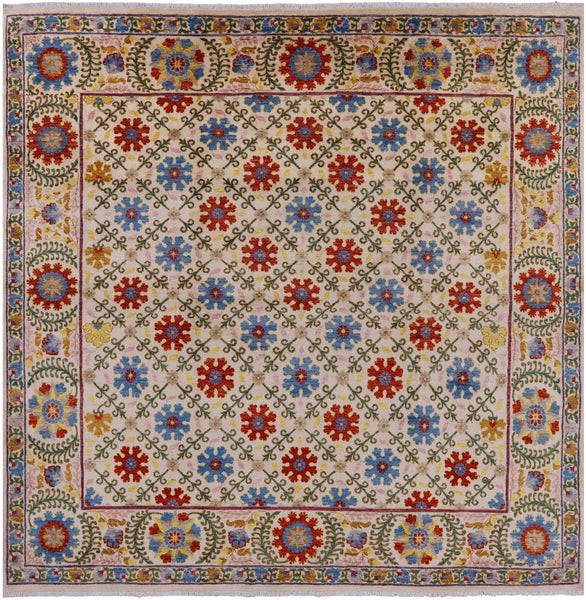 Square William Morris Handmade Wool Rug - 8' 0" X 8' 0" - Golden Nile