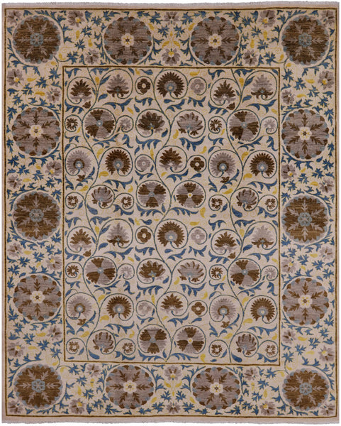 Ivory William Morris Handmade Wool Rug - 8' 1" X 10' 1" - Golden Nile