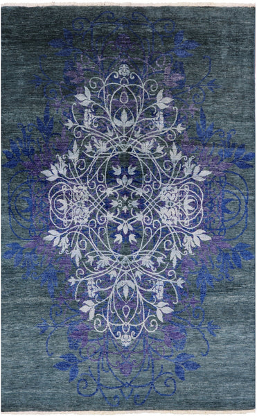 Green William Morris Hand Knotted Wool Rug - 6' 1" X 9' 7" - Golden Nile