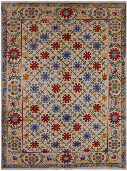 Ivory William Morris Hand Knotted Wool Rug - 6' 3" X 8' 4" - Golden Nile