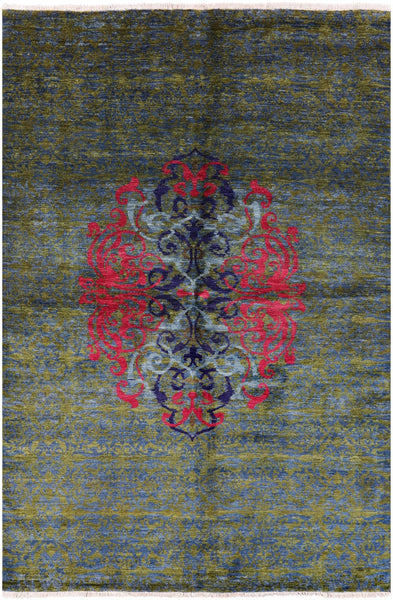 Green William Morris Hand Knotted Wool Rug - 5' 10" X 8' 3" - Golden Nile