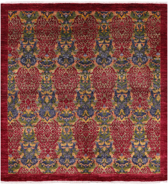 Red Square William Morris Handmade Wool Rug - 6' 1" X 6' 5" - Golden Nile