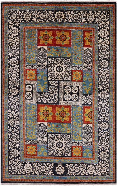 Black William Morris Hand Knotted Wool Area Rug - 6' 0" X 9' 5" - Golden Nile