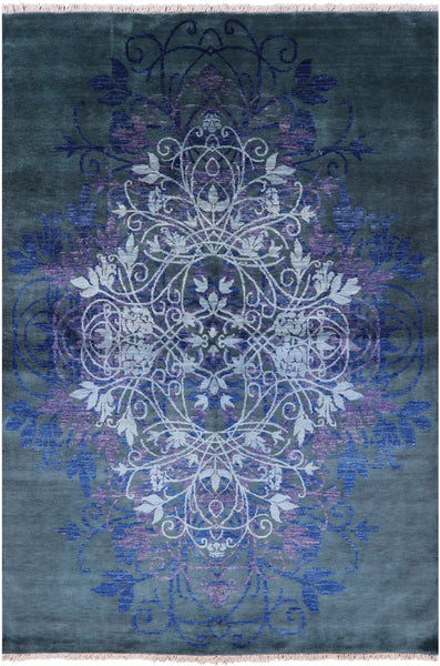 Green William Morris Handmade Wool Rug - 5' 9" X 8' 6" - Golden Nile