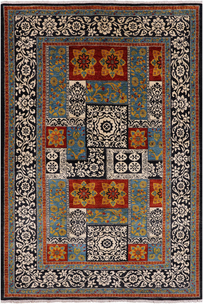 Black William Morris Handmade Wool Area Rug - 6' 1" X 9' 3 - Golden Nile