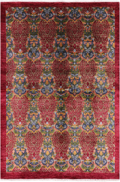 Red William Morris Handmade Wool Rug - 5' 8" X 9' 2" - Golden Nile