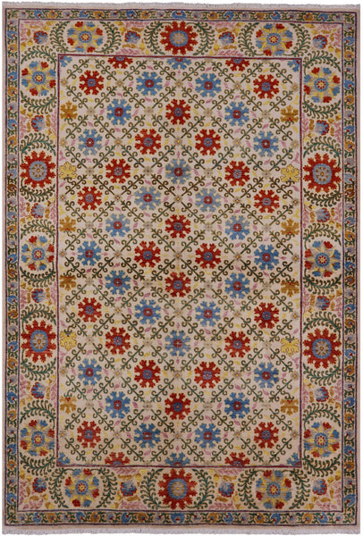 Ivory William Morris Hand Knotted Wool Rug - 5' 11" X 9' 1" - Golden Nile