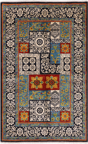 Black William Morris Hand Knotted Wool Area Rug - 5' 2" X 8' 2" - Golden Nile