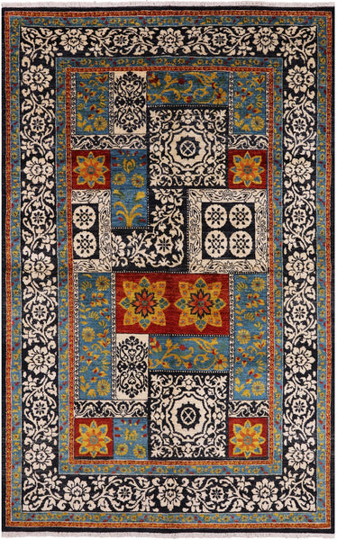 Black William Morris Handmade Wool Area Rug - 5' 3" X 7' 10" - Golden Nile