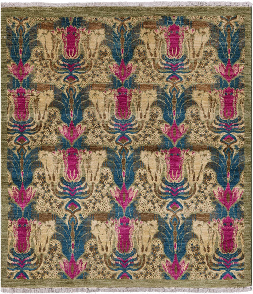 Green Square William Morris Handmade Wool Area Rug - 4' 1" X 4' 1" - Golden Nile