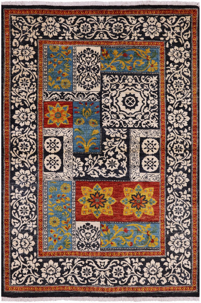 Black William Morris Hand Knotted Wool Area Rug - 4' 2" X 5' 11" - Golden Nile