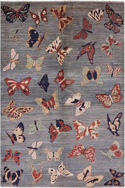 Grey Butterflies Design Modern Handmade Wool Rug - 5' 10" X 8' 9" - Golden Nile