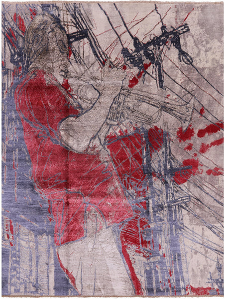 Trumpet Player Design Modern Hand Knotted Wool & Silk Rug - 7' 11" X 10' 4" - Golden Nile