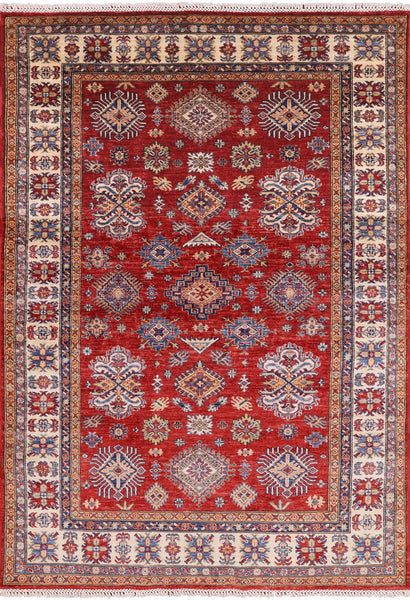 Red Super Kazak Hand Knotted Area Rug - 5' 6" X 7' 8" - Golden Nile