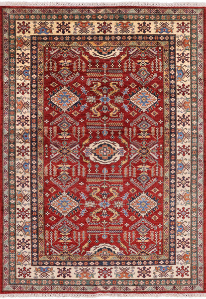 Red Super Kazak Hand Knotted Area Rug - 5' 8" X 7' 9" - Golden Nile