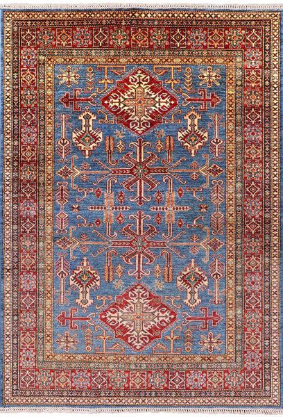Blue Super Kazak Hand Knotted Wool Area Rug - 5' 8" X 8' 2" - Golden Nile
