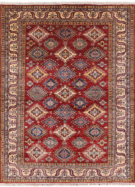 Red Super Kazak Hand Knotted Wool Area Rug - 4' 11" X 6' 6" - Golden Nile