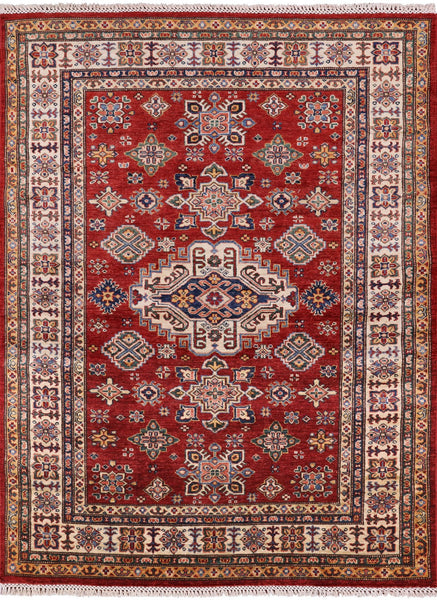 Red Super Kazak Hand Knotted Wool Area Rug - 4' 11" X 6' 5" - Golden Nile