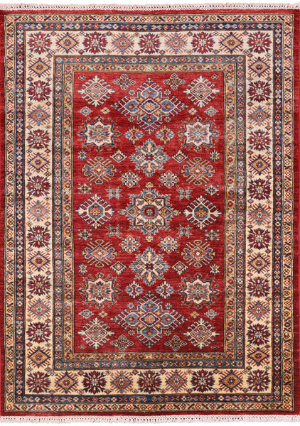 Red Super Kazak Hand Knotted Area Rug - 5' 0" X 6' 9" - Golden Nile