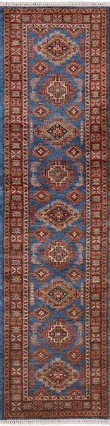 Blue Super Kazak Hand Knotted Wool Runner Rug - 2' 6" X 9' 8" - Golden Nile