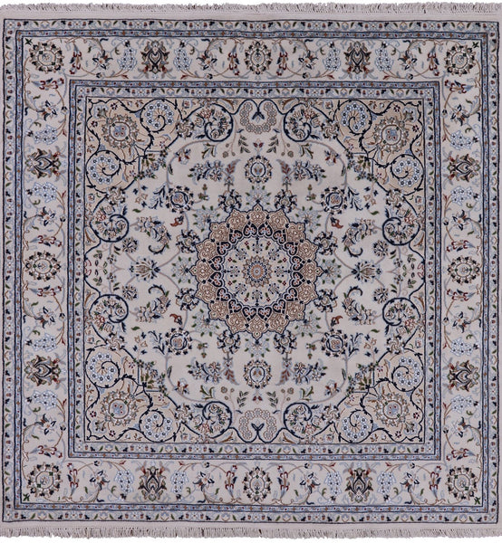 Square Persian Nain Hand Knotted Wool & Silk Area Rug - 6' 3" X 6' 1" - Golden Nile