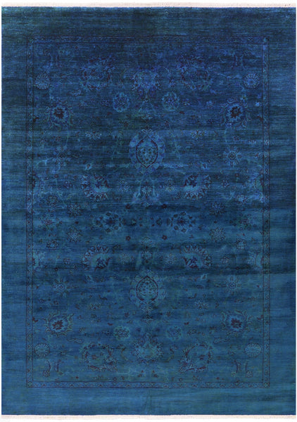 Blue Full Pile Overdyed Hand Knotted Wool Rug - 6' 9" X 9' 6" - Golden Nile