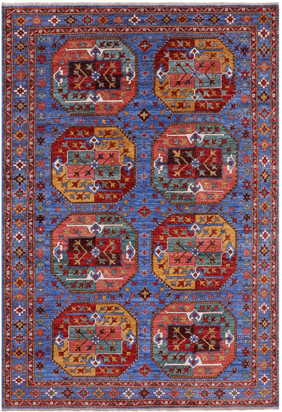 Blue Turkmen Ersari Handmade Wool Rug - 6' 1" X 9' 0" - Golden Nile