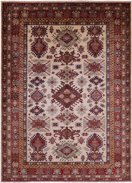 Ivory Super Kazak Hand Knotted Wool Rug - 6' 5" X 8' 11" - Golden Nile