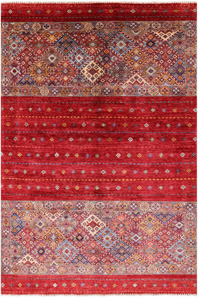 Red Khorjin Persian Gabbeh Handmade Wool Rug - 6' 8" X 9' 10" - Golden Nile
