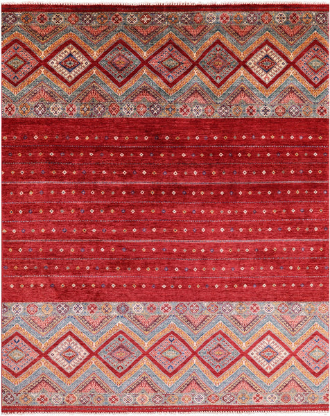 Red Khorjin Persian Gabbeh Hand Knotted Wool Rug - 8' 0" X 9' 9" - Golden Nile