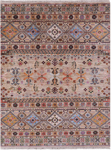 Khorjin Persian Gabbeh Hand Knotted Wool Rug - 5' 1" X 6' 8" - Golden Nile