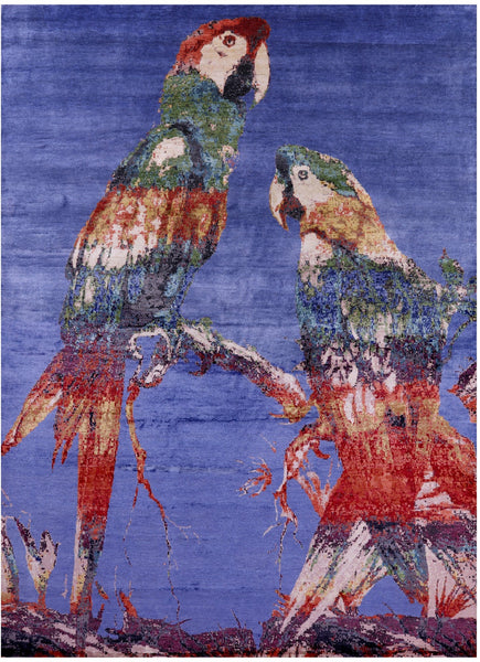 Parrots Design Contemporary Hand Knotted 100% Silk Rug - 8' 10" X 12' 4" - Golden Nile