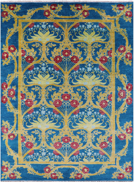 Blue William Morris Hand Knotted Wool Rug - 9' 1" X 12' 1" - Golden Nile