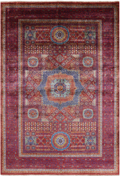 Red Geometric Persian Mamluk Handmade Wool Rug - 6' 9" X 9' 9" - Golden Nile