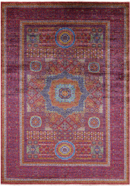 Red Geometric Persian Mamluk Hand Knotted Wool Rug - 6' 9" X 9' 9" - Golden Nile