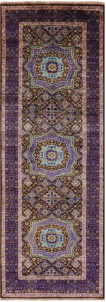 Brown Geometric Persian Mamluk Hand Knotted Wool Runner Rug - 2' 8" X 7' 9" - Golden Nile
