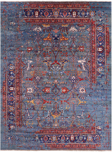 Blue Persian Fine Serapi Hand Knotted Wool Rug - 9' 0" X 11' 11" - Golden Nile