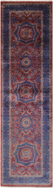 Red Geometric Persian Mamluk Hand Knotted Wool Runner Rug - 2' 8" X 9' 10" - Golden Nile