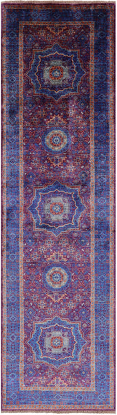 Purple Geometric Persian Mamluk Hand Knotted Wool Runner Rug - 2' 8" X 9' 11" - Golden Nile