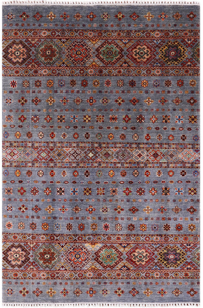 Grey Khorjin Persian Gabbeh Hand Knotted Wool Rug - 4' 1" X 5' 10" - Golden Nile