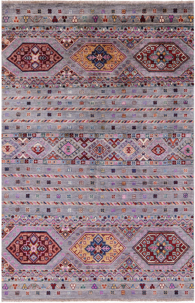 Grey Khorjin Persian Gabbeh Handmade Wool Rug - 4' 0" X 6' 1" - Golden Nile