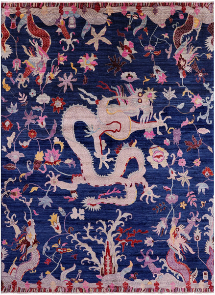 Blue Dragon And Phoenix Design Hand Knotted Wool Rug - 8' 9" X 12' 0" - Golden Nile