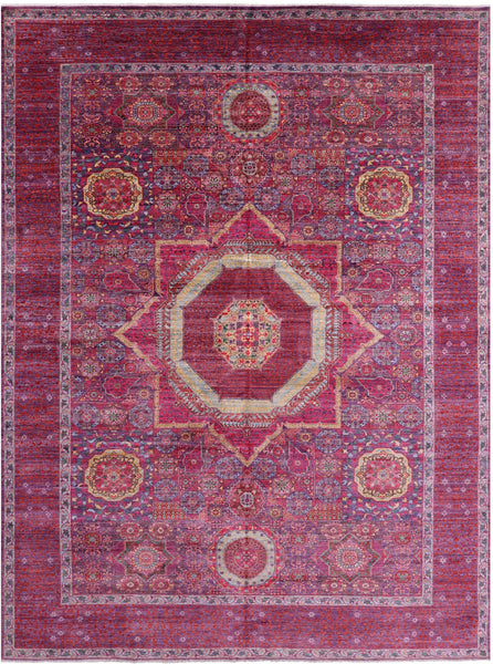 Purple Geometric Persian Mamluk Hand Knotted Wool Rug - 9' 10" X 13' 4" - Golden Nile