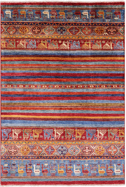 Khorjin Persian Gabbeh Hand Knotted Wool Rug - 4' 1" X 6' 1" - Golden Nile