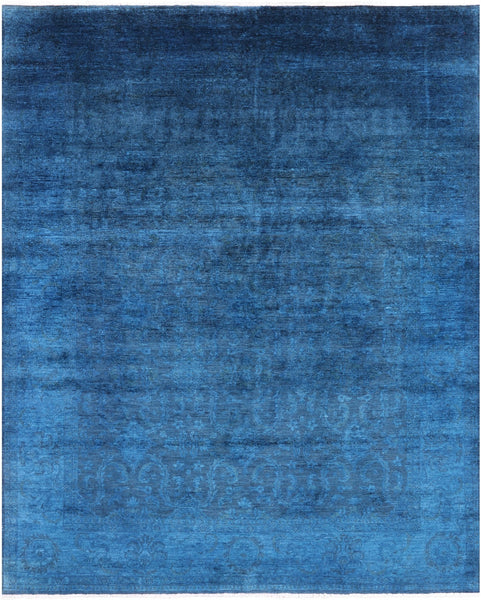 Blue Full Pile Overdyed Hand Knotted Wool Rug - 7' 9" X 9' 9" - Golden Nile