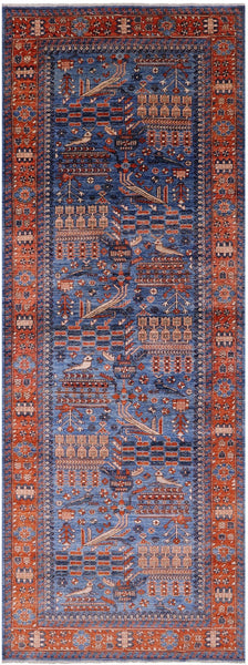 Blue Persian Fine Serapi Hand Knotted Wool Rug - 5' 0" X 13' 10" - Golden Nile